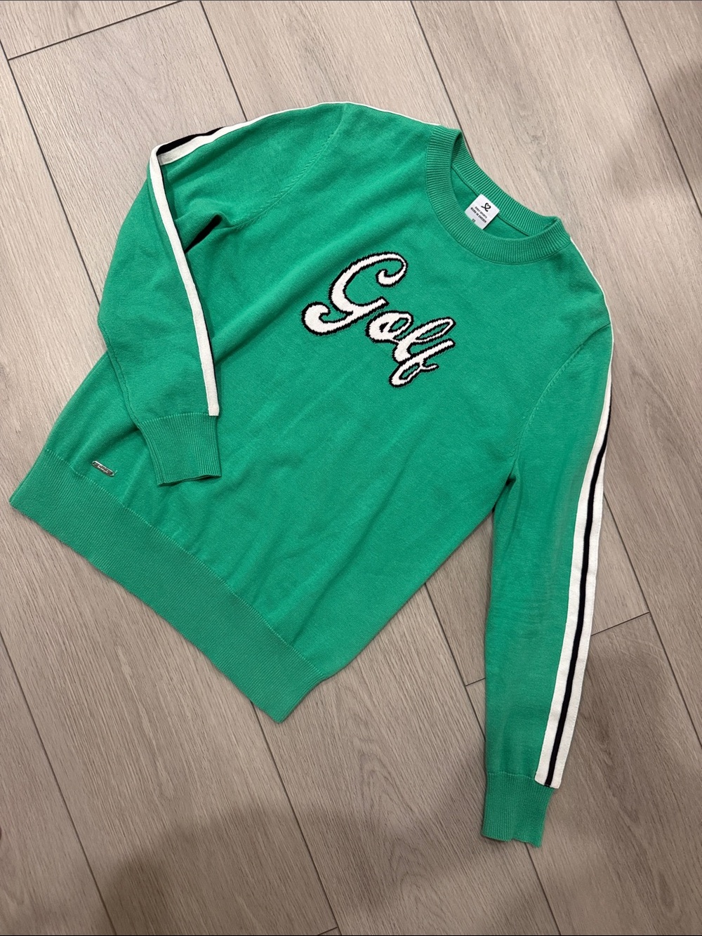 Daily Sports Green Crewneck Sweater with 'Golf' Script and Stripe Sleeves